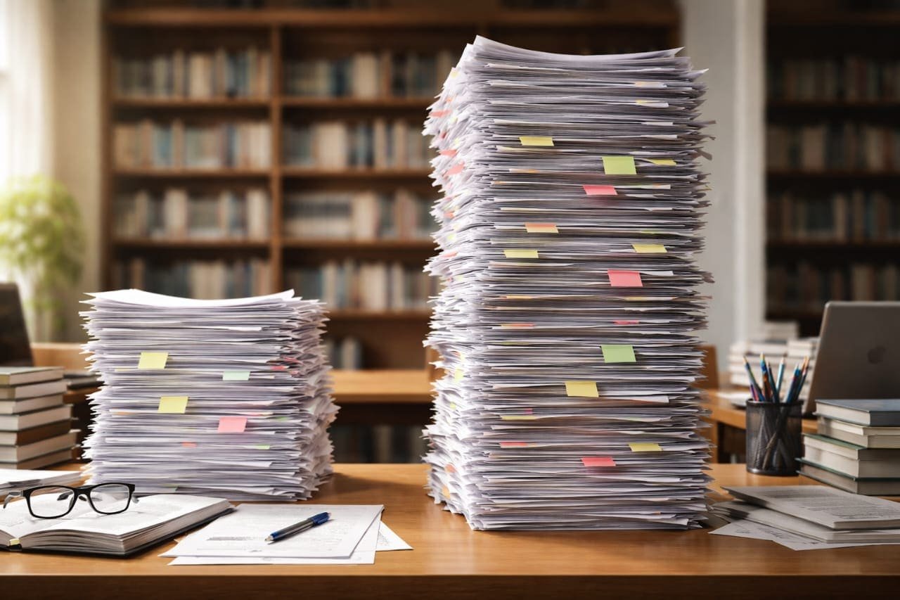 Mahasiswa pascasarjana mengerjakan tesis dengan buku jurnal